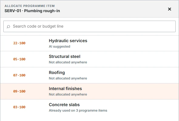 Allocation picker in a demonstration project showing an AI-suggested Hydraulic services match for Plumbing rough-in