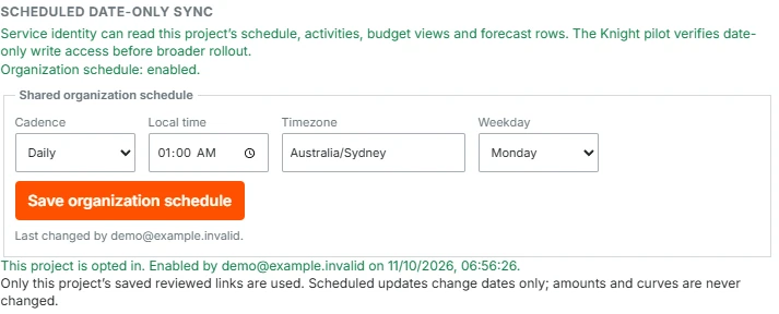 Demonstration schedule controls showing a daily date-only sync at 1 am in the Australia Sydney timezone